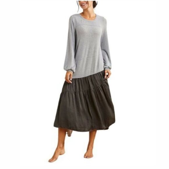 SIMPLE Suzanne Betro Heather Gray Ruffle Asymmetric Midi Dress - Picture 1 of 10